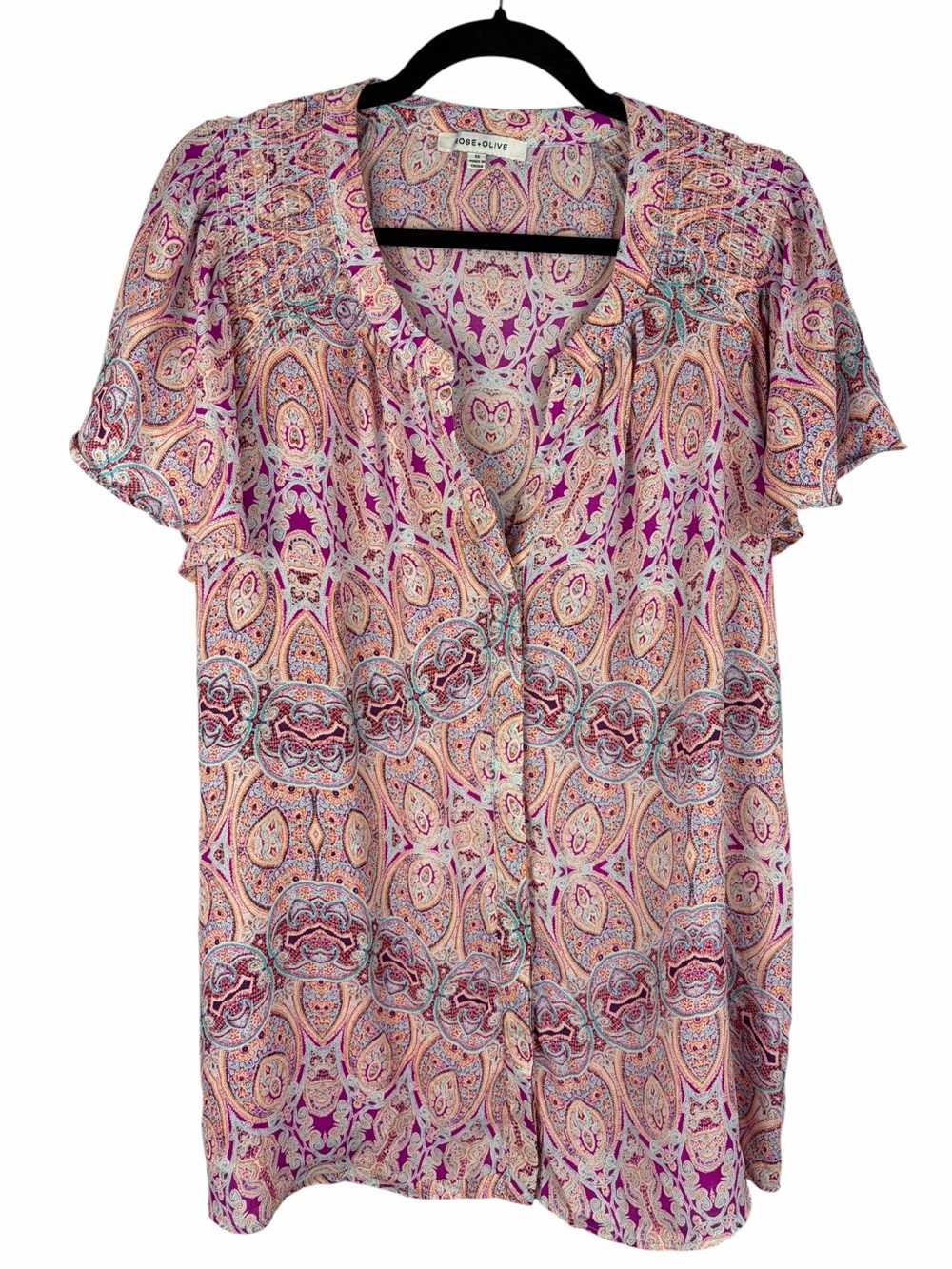 Rose + Olive Paisley Flutter Sleeve Blouse Top Purple Teal Orange 1X